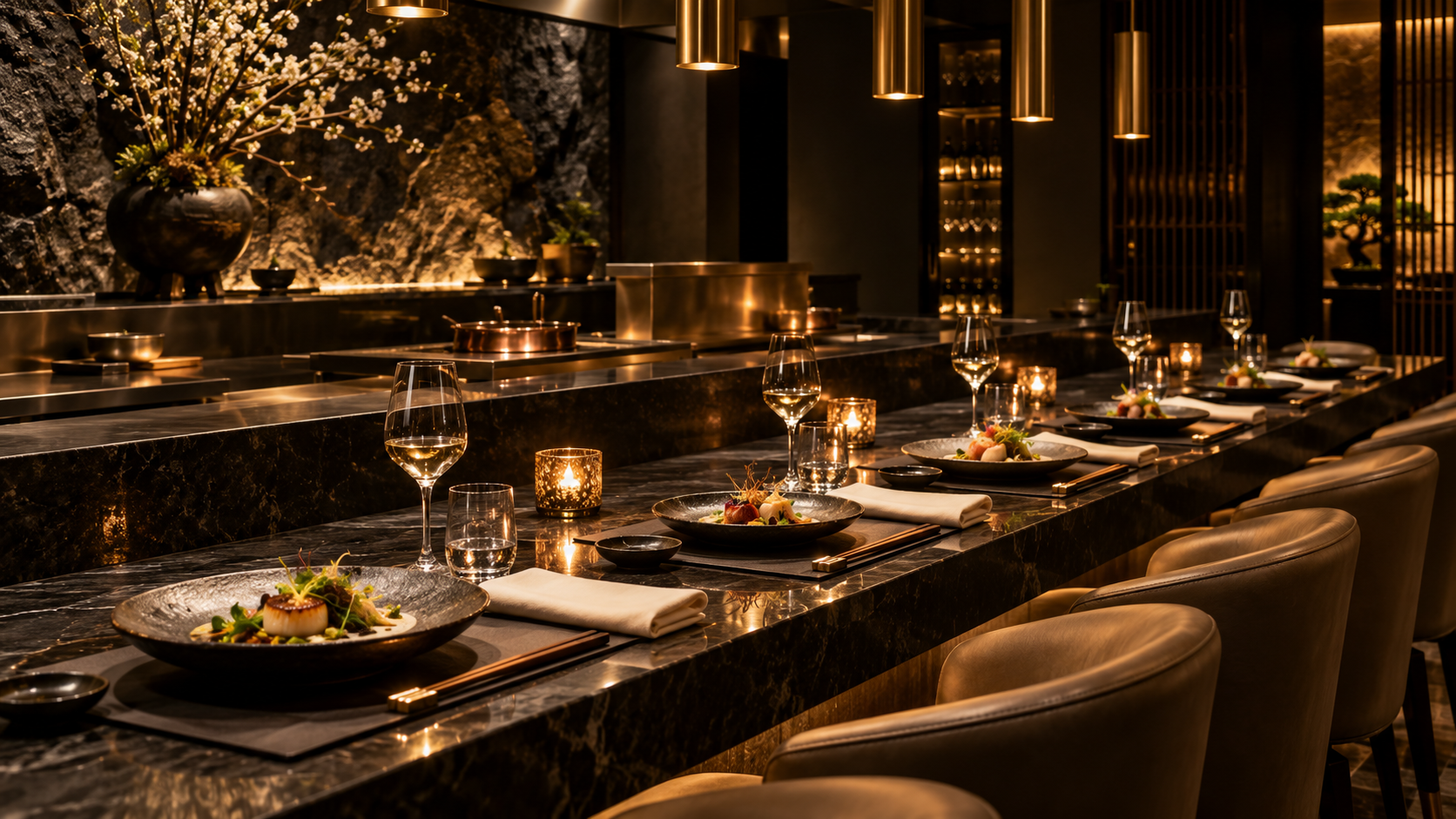 An intimate candlelit culinary counter with elegant place settings